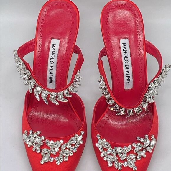 Manolo Blahnik Lurum 90MM Embellished Satin Mules size 37.5 - Picture 5 of 16